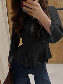 Siren Gaze Solid Color Round Neck Long Sleeve Slim Fit T-Shirt For Women, Autumn New Style - Black - View 7