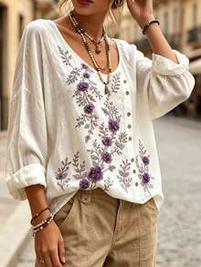 Selamara Women's Fashion Floral Print Long Sleeve Top For Vacation - Multicolor - View 3