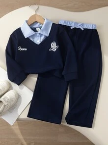 SHEIN Elladie kids Young Girls Long Sleeve T-Shirt Set, New Fall Styles, Autumn, Holiday, Back To School, Navy Blue College Style Contrasting Seal Bow Lapel Sweatshirt - Navy Blue - View 7