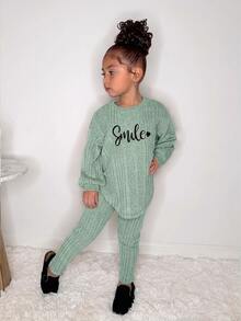 Bộ 2 món áo thun gân vai trễ họa tiết "Smile" và quần legging thời trang casual cho bé gái, màu hồng, set đồ gân thoải mái mùa thu cho bé gái, bộ đồ thể thao cho bé gái - Màu xanh Bạc hà - Xem 3