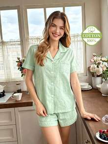 Snug Reverie 女款 100% 純棉 藍色提花短袖短褲夏季開襟居家服套裝 - 綠色 - 查看 3
