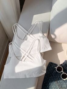 SHEIN 兒童青少年女孩極簡舒適交叉肩帶可拆式墊肩運動休閒露背背心內衣 - 白色 - 查看 6
