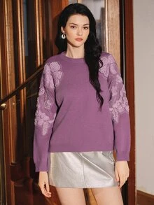 Anewsta Sweater Wanita Elegan Romantis Lengan Panjang Leher Bulat dengan Hiasan Renda, Potongan Longgar, Cocok untuk Aktivitas Sehari-hari - Mauve Purple - View 4