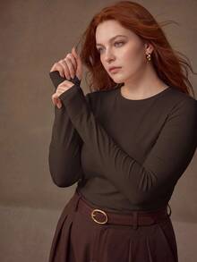 MOTF PREMIUM HIGH ELASTICITY SKIN-FRIENDLY SOLID COLOR ROUND NECK SLIM FIT FLATTERING FASHION LONG SLEEVE VERSATILE PLUS SIZE WOMEN'S BASE LAYER TOP - Coffee Brown - View 2