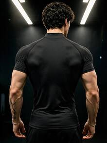GymBeat 男士半高領健身T恤，翅膀印花短袖肌肉修身運動上衣，舒適運動訓練T恤，健身房適用 - 黑色 - 查看 2