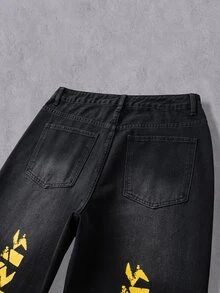 Manfinity Denimwave 男士 New York 休閒街頭印花黑色水洗丹寧直筒喇叭牛仔褲 - 黑色 - 查看 6