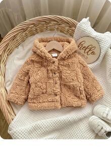 SHEIN Newborn Cute 3D Bear Fabric Double-Sided Plush Hooded Open Front Winter Jacket - Brown - View 3