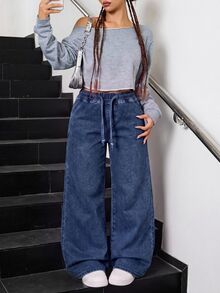 SHEIN Tween Girl Girls' Deep Blue Loose Fit Denim Long Pants - Dark Wash - View 3