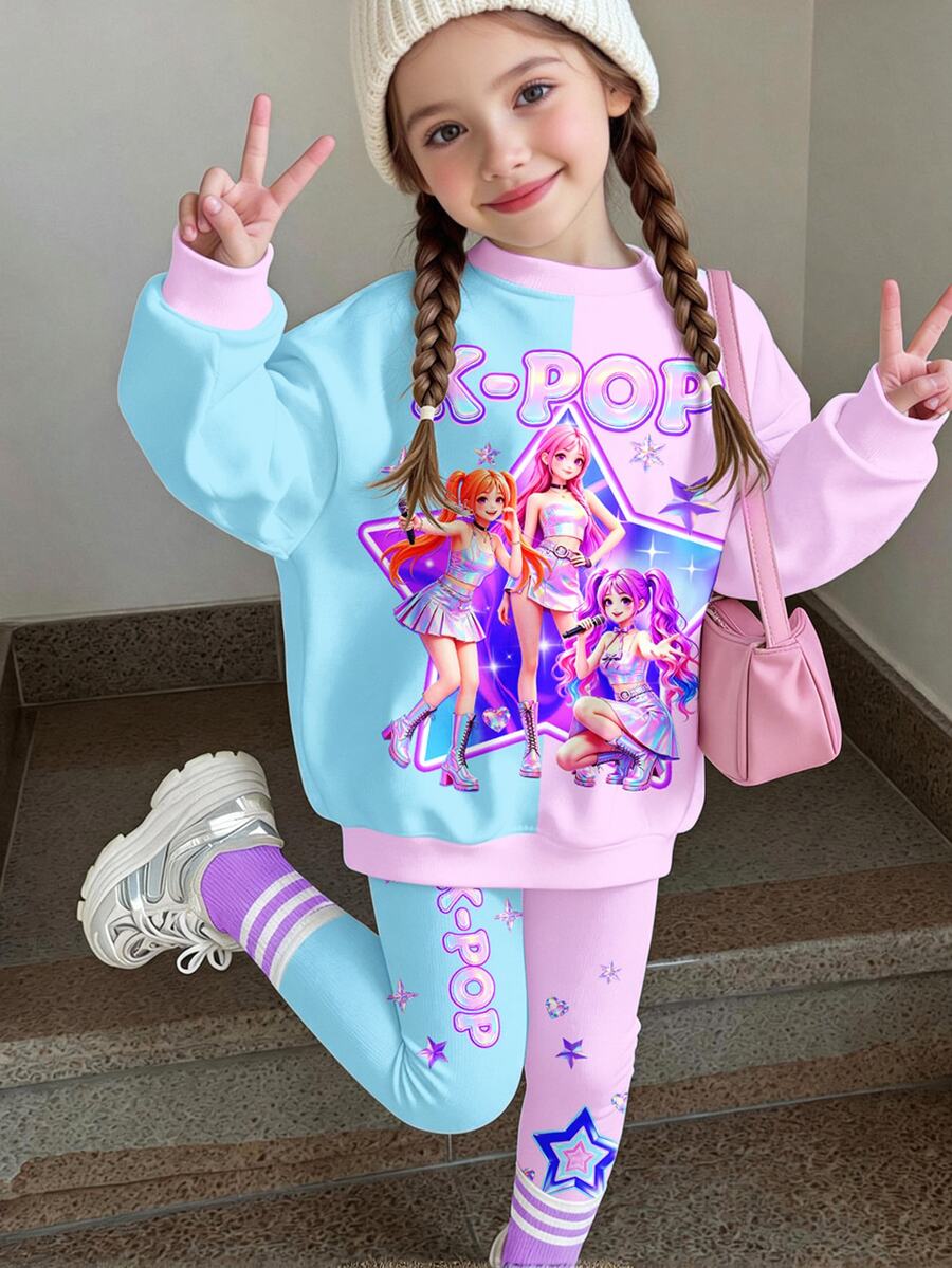 SHEIN 女童小女孩休閒復古K-卡通女孩拼接圖案圓領長袖衛衣與內搭褲2件套,適合秋冬 - 彩色 - 查看 1