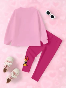 THE POWERPUFF GIRLS X SHEIN طقم سويت شيرت وبنطلون ليجنز بطبعة كرتونية للبنات الصغيرات - أبيض - مشاهدة 2