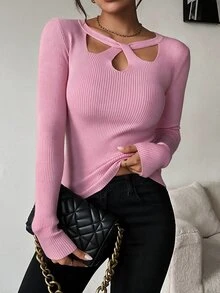 SHEIN Clasi 女款素色鏤空設計長袖修身針織衫 - 粉色 - 查看 4