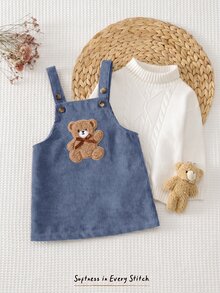 Cozy Pixies Baby Girls Dresses Cute Woven Ribbed Brown Corduroy Pinafore Dress, Adorable Bear Applique Embroidery, Exquisite Detail, Bow Decor, Baby Girl, Suitable For Autumn/Winter, Nordic Style, Mori Style, Cute Style - Dusty Blue - View 8