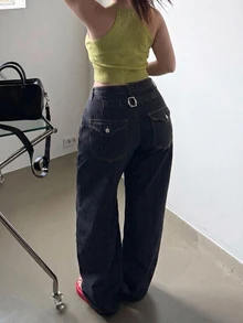 Dazy Plus Plus Size Women's Colorblock Contrast Stitch Loose Curved Leg Casual Streetwear Spring Autumn New Denim Jeans - Dark Wash - View 2