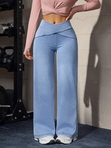 Flexra Women's Asymmetric Waist Wide Leg Loose Casual Denim Jeans - Blue - View 4