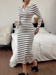 Napfluff Women's Casual Knit Collared Striped Long Sleeve Nightgown - Black and White - View 1