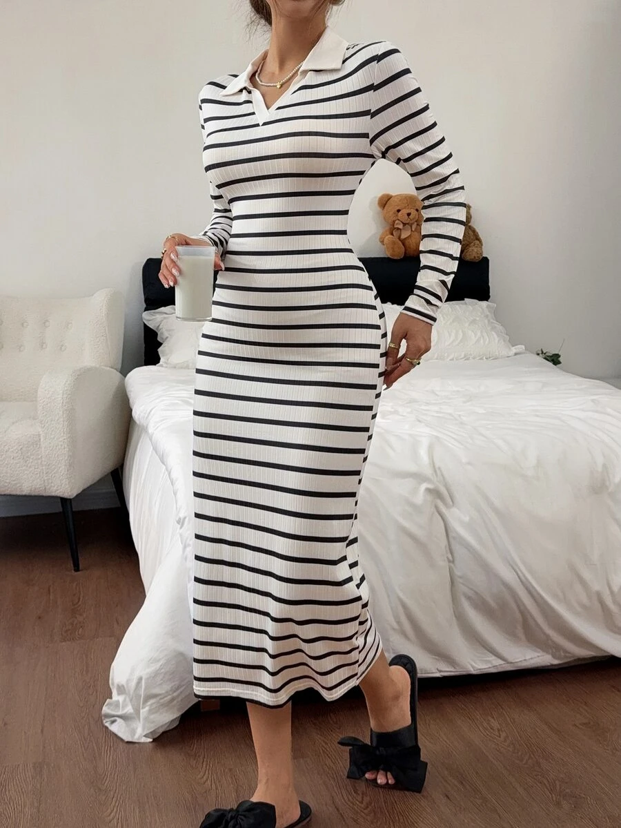 Napfluff Women's Casual Knit Collared Striped Long Sleeve Nightgown - Black and White - View 1