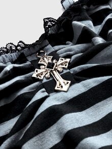 ROMWE Gothic Cross Pendant Romantic Lace Patchwork Ruched Fitted Women's Tank Top - Dark Grey - View 3