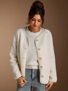 SHEIN BASICS Women's Solid Color Long Sleeve Single-Breasted Casual Regular Fit Jacket Travel Everyday Off-White Autumn Office Everyday Going Out - Apricot - View 6