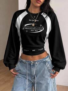 Coolane Women's Autumn Casual Colorblock Patchwork Letter Print Cropped Sweatshirt - White - View 1