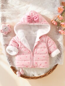 Fleece Coat With Pink Heart Prints For Newborn Baby Girls, Winter Outerwear - Pink - View 2