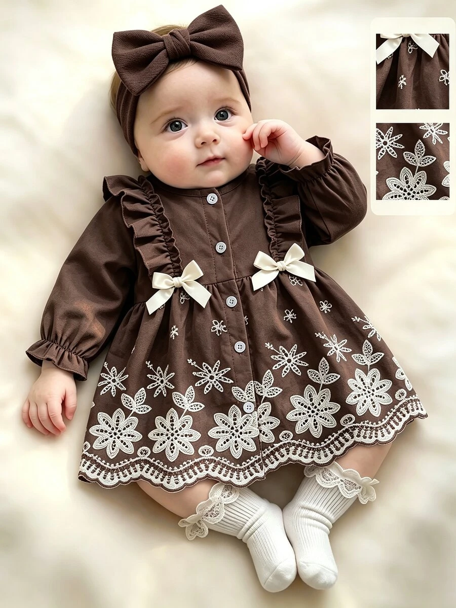 SHEIN Playful Pals 1件新生女嬰刺繡洋裝,可愛甜美棕色白色花卉荷葉邊蝴蝶結長袖圓領常規款,婚禮秋季假期用,附髮箍 - 棕色 - 查看 1