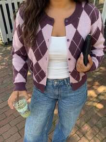 Livesso Contrast Color Patchwork Plaid Design Casual Loose Fit Sweater Cardigan - Purple - View 1