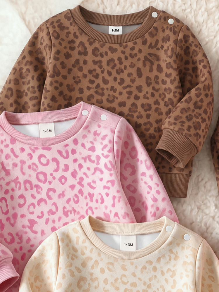 Newborn Baby Girl 1 Random Set Cute Minimalist Leopard Print Crew Neck Long Sleeve Fleece Sweatshirt And Pants Set, Soft Fabric Suitable For Outings In Autumn/Winter - Multicolor - View 5