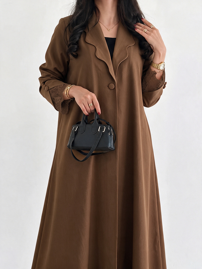 Yasmyna Women's Woven Khaki Long Sleeve Lace Trim Peter Pan Collar Straight Elegant Romantic Abaya