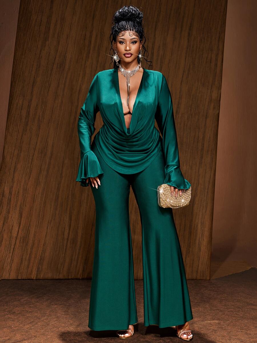 Maweii Plus Size Women Sexy Cowl Neck Top And Flare Leg Pants Set Fall - Dark Green - View 1