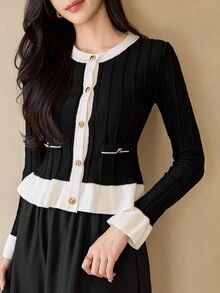 DAZY Cardigan Patchwork Blok Warna Prancis Elegan untuk Wanita, Cocok untuk Kantor di Musim Gugur, Warna Hitam dan Putih - Hitam - View 3
