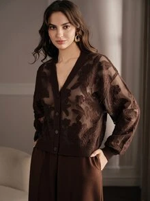 Anewsta Women's Loose Knit Cardigan With Asymmetrical Floral Mesh Rope Embroidery, Sheer V-Neck, Autumn Commute - Coffee Brown - View 4