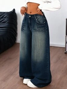 SHEIN ICON Women's Casual Washed Cross Rhinestone Decor Wide Leg Jeans - Blue - View 4