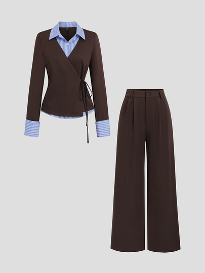 Sweetra Autumn/Winter Fashion New French Vintage Striped Colorblock Solid Color 2 In 1 Blazer, Minimalist Casual Slimming Wide-Leg Women's Suit Set