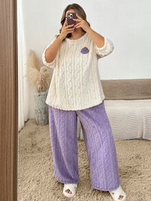 SHEIN CURVE+ Setelan Pakaian Santai Wanita Ukuran Besar yang Nyaman, Atasan Lengan Panjang dan Celana Longgar untuk Musim Gugur/Musim Dingin - Purple - View 7