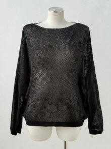 Sunspun Women Plus Size Hollow Out Sheer Mesh Knit Sweater, Long Sleeve Loose See Through Top, Y2K Gothic Luxe Halloween Going Out Cocktail Black Autumn - Black - View 3