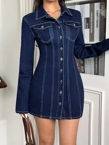 Rivivi Women's Long Sleeve Single-Breasted Casual Denim Dress - Blue - View 6