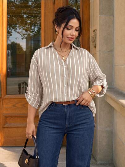 SHEIN Frenchy Plus Size Women's Striped Rolled Sleeve Single-Breasted Casual Shirt