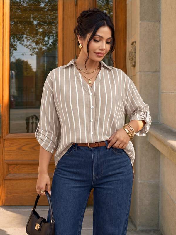 SHEIN Frenchy Plus Size Women's Striped Rolled Sleeve Single-Breasted Casual Shirt