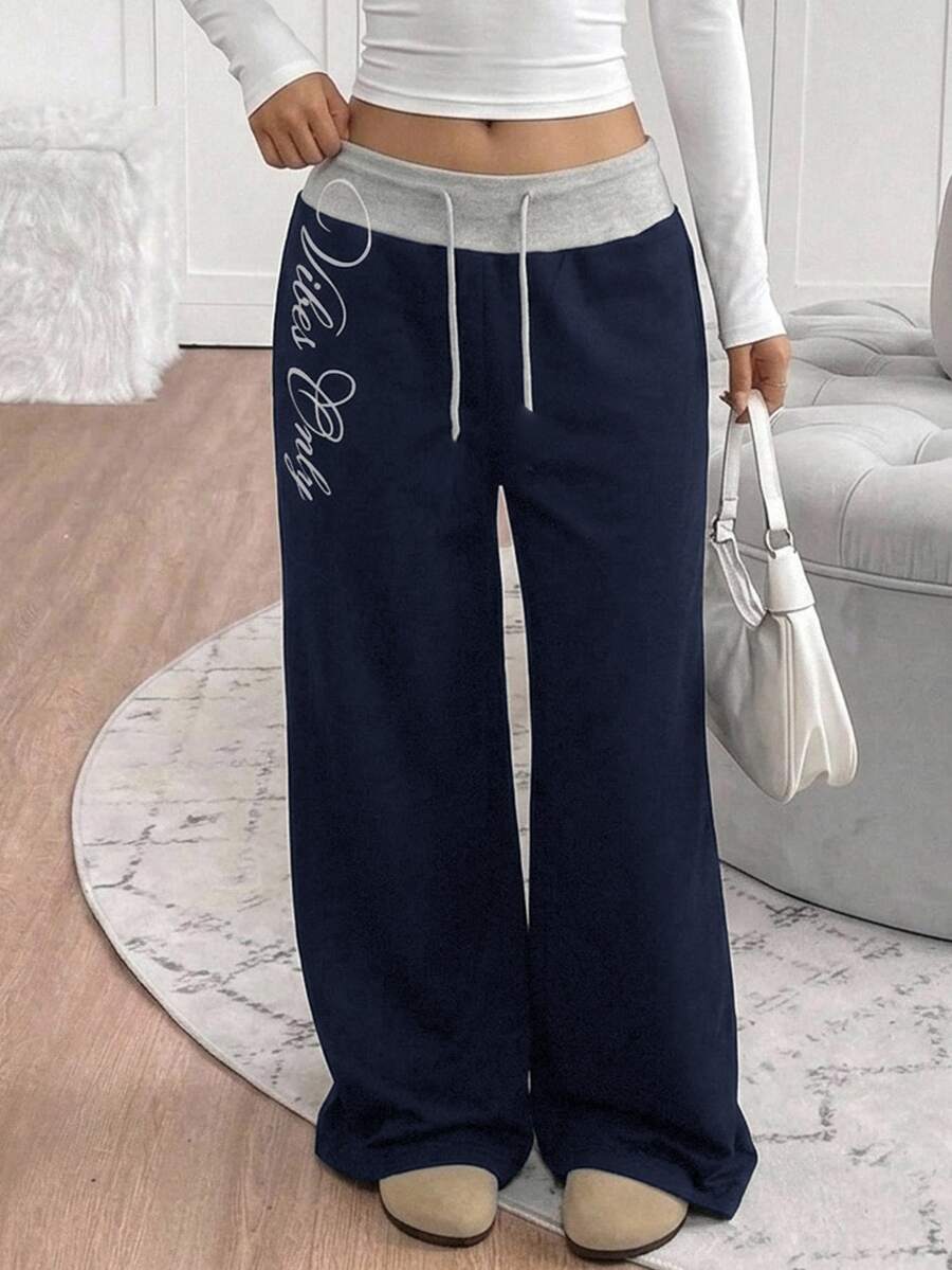 SHEIN Teen Girl Patchwork Waistband Embroidered Drawstring Waist Sweatpants - Navy Blue - View 1