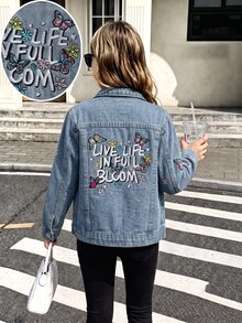 Girls' Light Blue Washed Denim Jacket, Butterfly Floral Letter Embroidery, Lapel Button Front Cardigan, Long Sleeve Loose Fit Sweet Casual Jacket, Suitable For Back To School, Daily Play, Family Outings, Spring And Autumn Wear - Blue - View 8