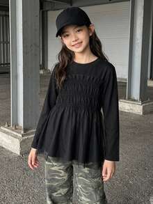 Dazy Kids Tween Girl Solid Color Pleated Casual Versatile Daily Wear Top - Black - View 2