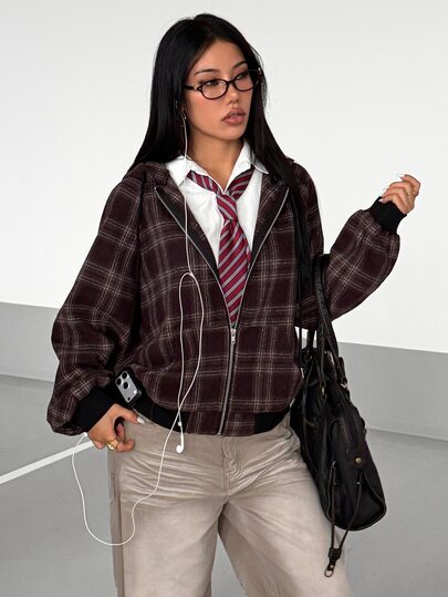 StreetHx Women's Street Retro Plaid Loose Hooded Wool Coat