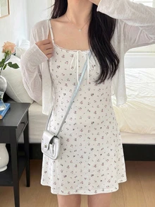 DAZY 女款花卉印花細肩帶洋裝與長袖開襟衫休閒日常兩件套 - 白色 - 查看 6