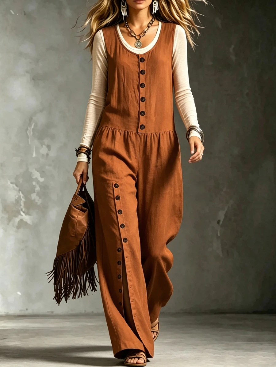 SHEIN Women's Solid Color Button Front Pocket Wide Leg Sleeveless Jumpsuit