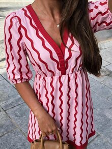 Flora Isola Flora Isola Casual Boho Vacation Pink Stripe Wavy Pattern Women's Short Dress Vacation Autumn - Red - View 4