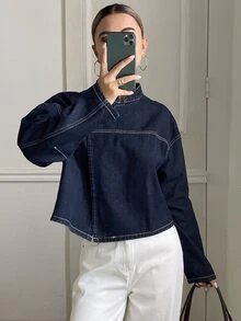 DAZY Women's Autumn Stand Collar Frog Button Long Sleeve Loose Solid Color Denim Fabric Dark Blue Contrast Stitching Chinese Style Denim Short Jacket - Blue - View 6