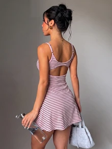 StreetHx Women's All-Season Sports Dress, Dusty Pink Striped Print Pattern, Spaghetti Strap, Front Ruched, Shorts Lining Pockets, Sexy Cute, Holiday Summer - Multicolor - View 2