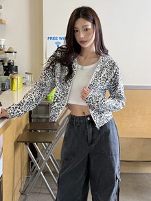K-Vae Women's Grey Leopard Print Hooded Short Jacket, Slim Fit Flattering Sweatshirt - Multicolor - View 8
