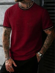 Manfinity Homme Men's Knitted Jacquard Solid Color Textured Collar And Cuffs Ribbed T-Shirt - Burgundy - View 2