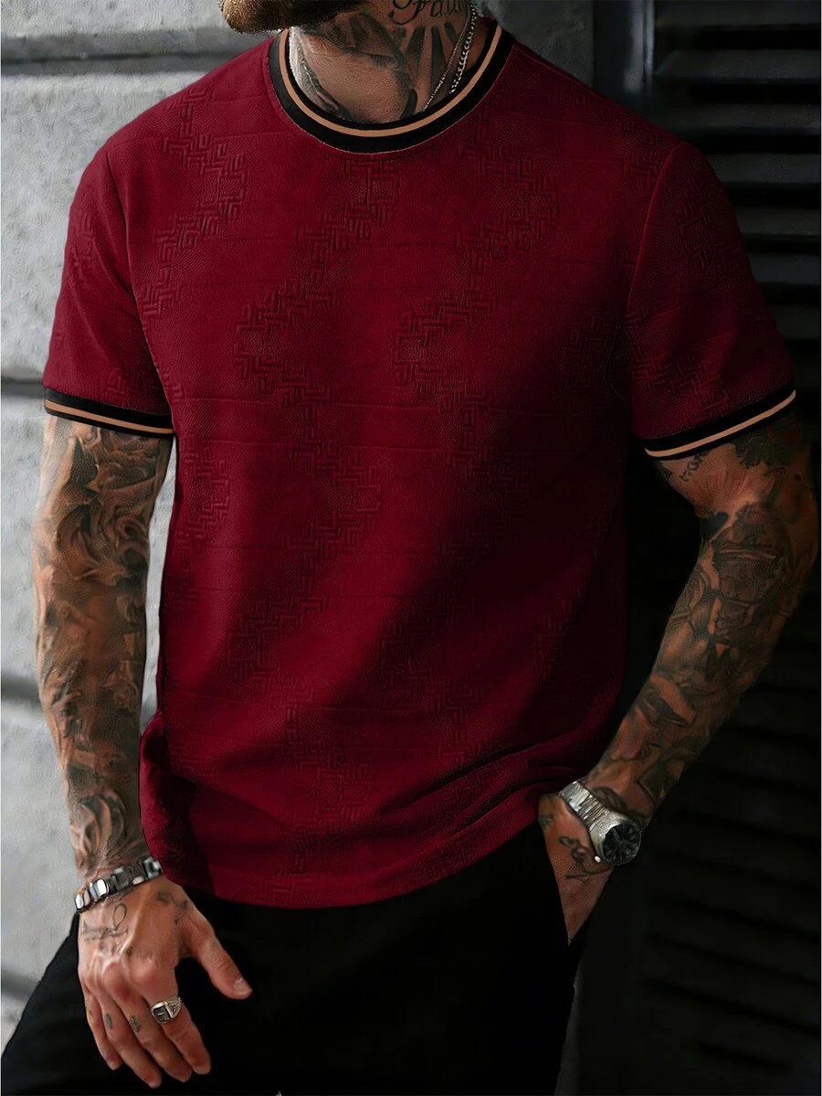 Manfinity Homme Men's Knitted Jacquard Solid Color Textured Collar And Cuffs Ribbed T-Shirt - Burgundy - View 1